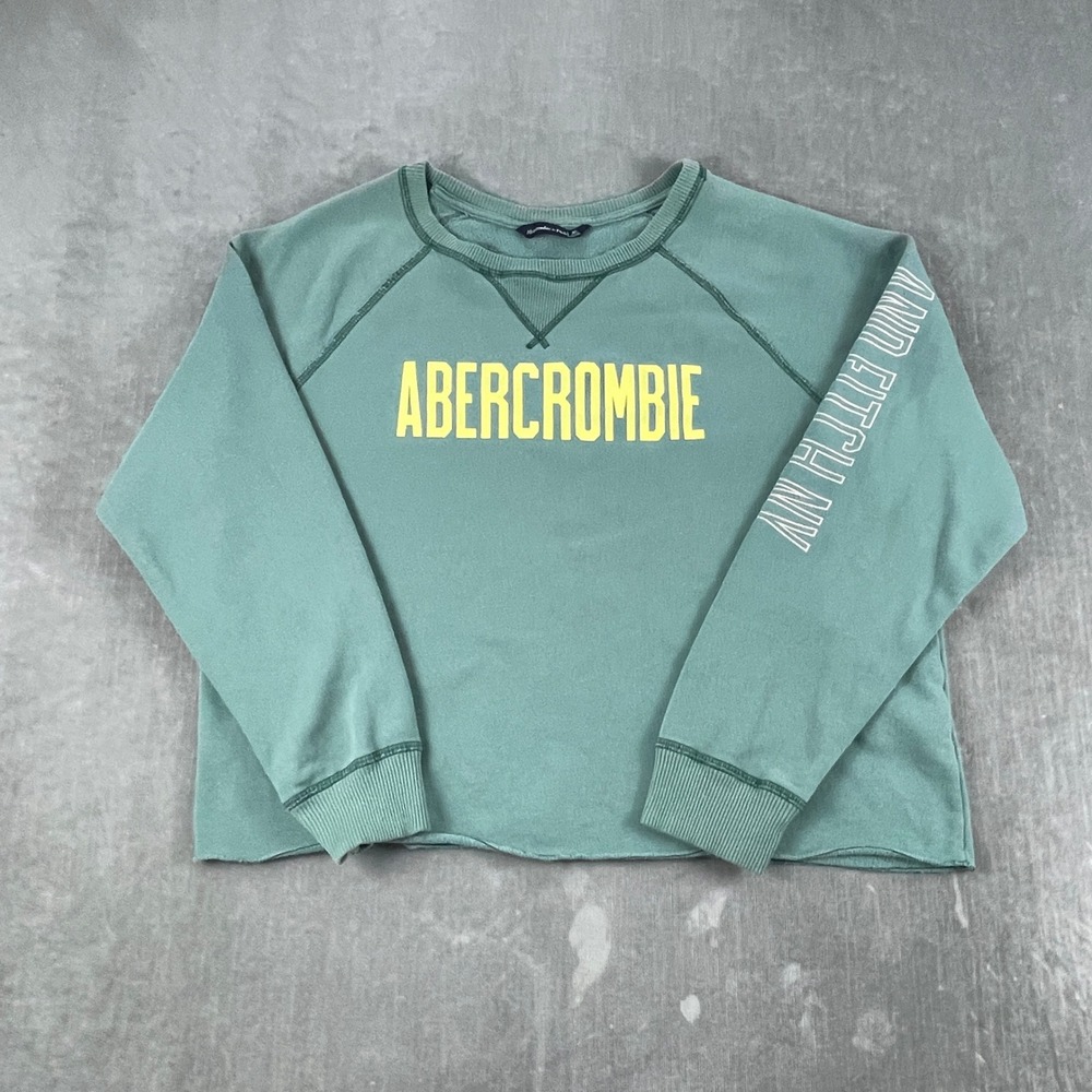 Abercrombie & Fitch Womens XL Green Sweatshirt Raw Hem Graphic Logo Pullover